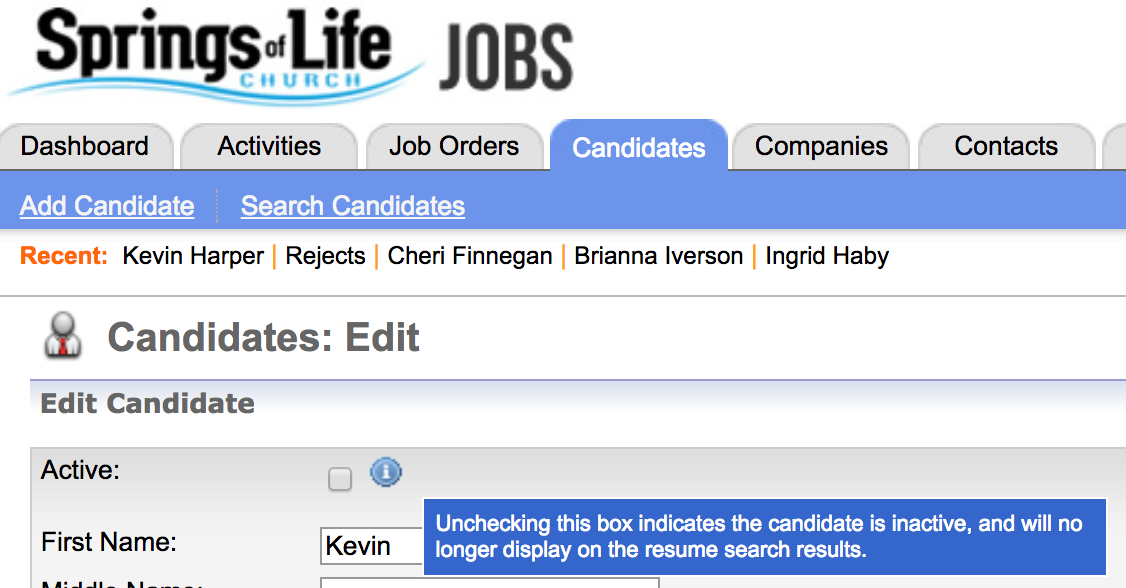 Screenshot of Active checkbox in Candidate edit view.